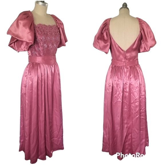 Vintage Union Made 80s Puff Sleeve Satin Pink Embrodiered Floral Midi Dress - Picture 4 of 16